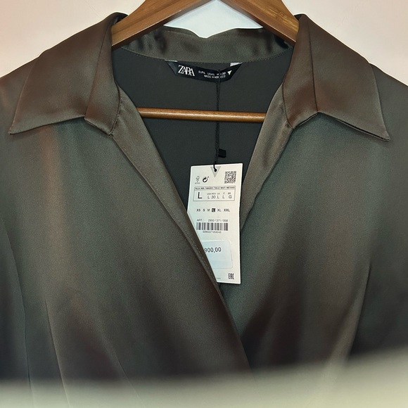 Zara Olive Satin Faux Wrap Long Sleeve Mini Dress - Picture 5 of 14